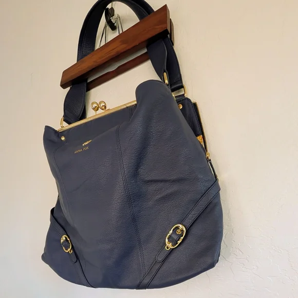 EMMA FOX Navy Genuine Leather Frame-Top Shoulder Bag Vintage-inspired Kiss-Lock - Picture 3 of 15
